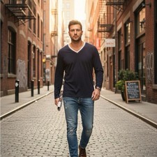 Men  s Navy V-Neck Long Sleeve Pullover Sweater Casual Modern Fit Tee Sz M