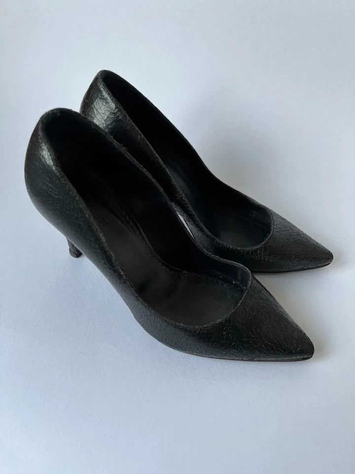 All Saints 5 38 Lena Shoes Black Crackle Leather Cracked Distressed Stilettos - Image 4 of 4