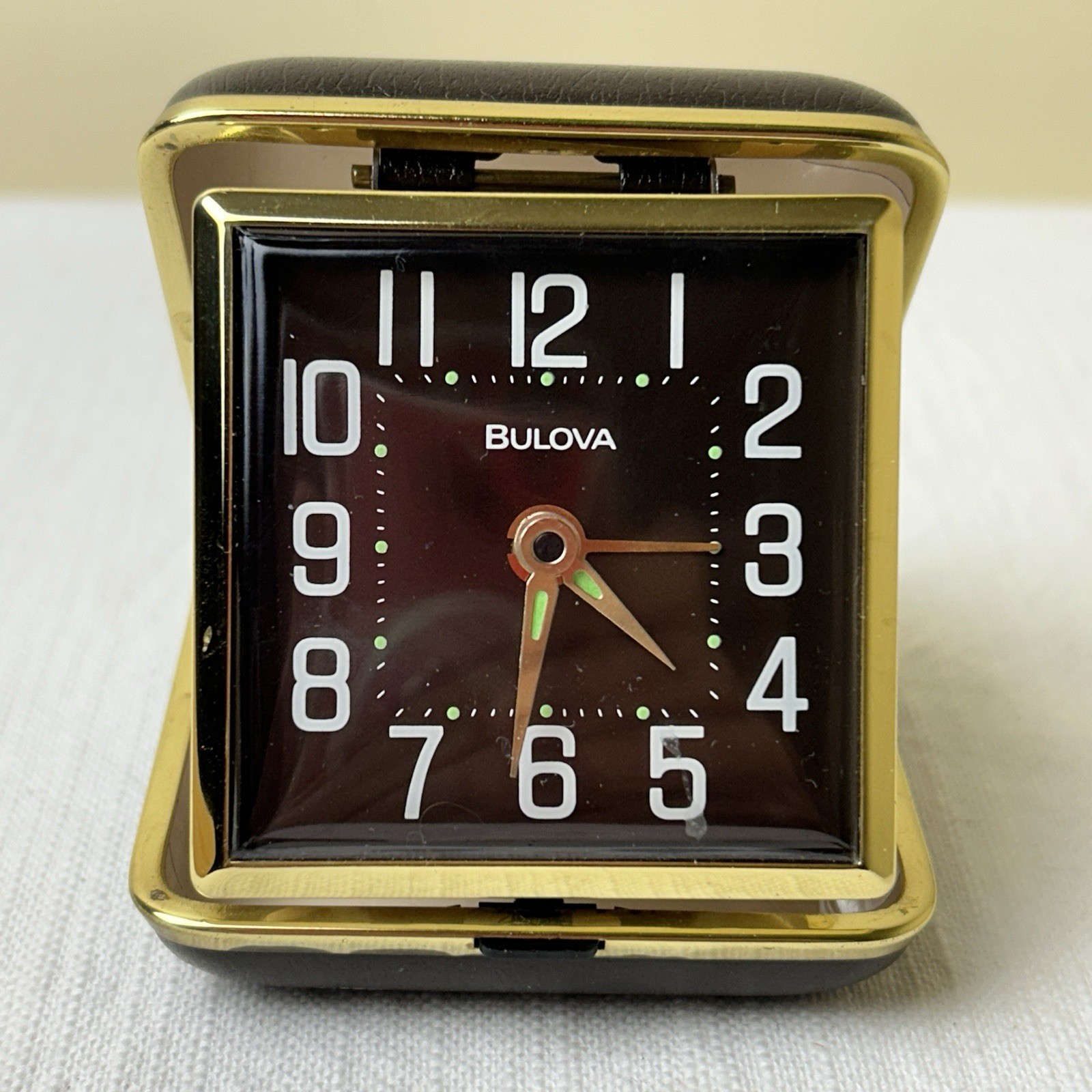 Vintage BULOVA  Folding Travel Alarm Clock in Brown, Gold, W
