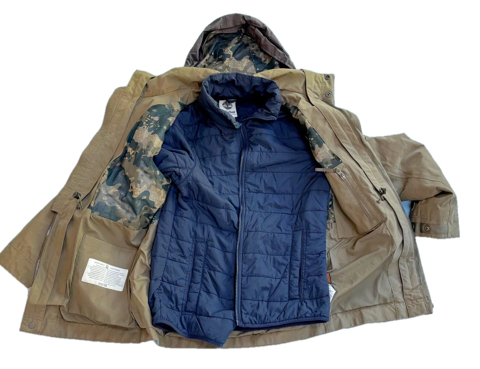 Timberland 3 in 1 Jacket Mens S Olive Field Coat Navy Quilted Puffer Liner Hood - product detail image 3