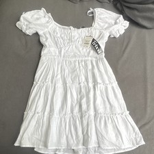 Trixxi White Solid Square Neck Tiered Puff Short Sleeve Midi Dress S Cotton