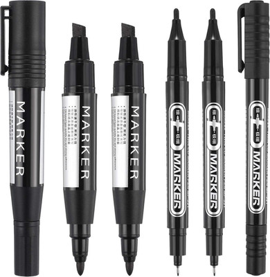 6 Pack Permanent Markers Double Ended Ultra Fine Fine Chisel Tips Black Ink Pens