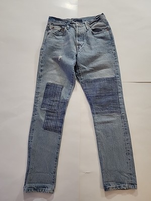 Levis Selvedge Made & Crafted 501 Skinny Jeans Destroyed Patches Womens Sz 27/27