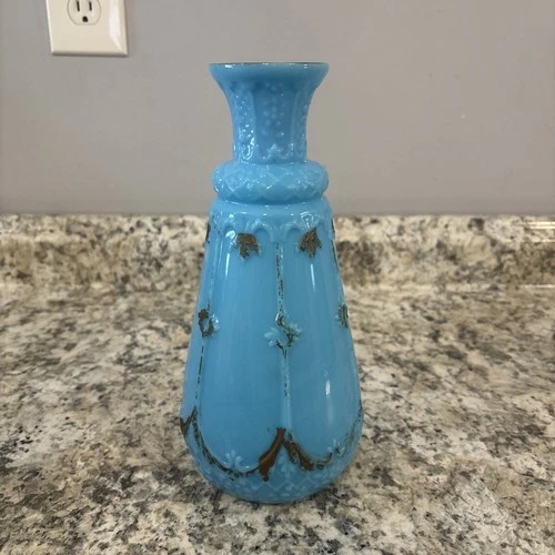 Antique Blue Opaline Milk Glass Vase Hand Pained Gold Accents 9.5"