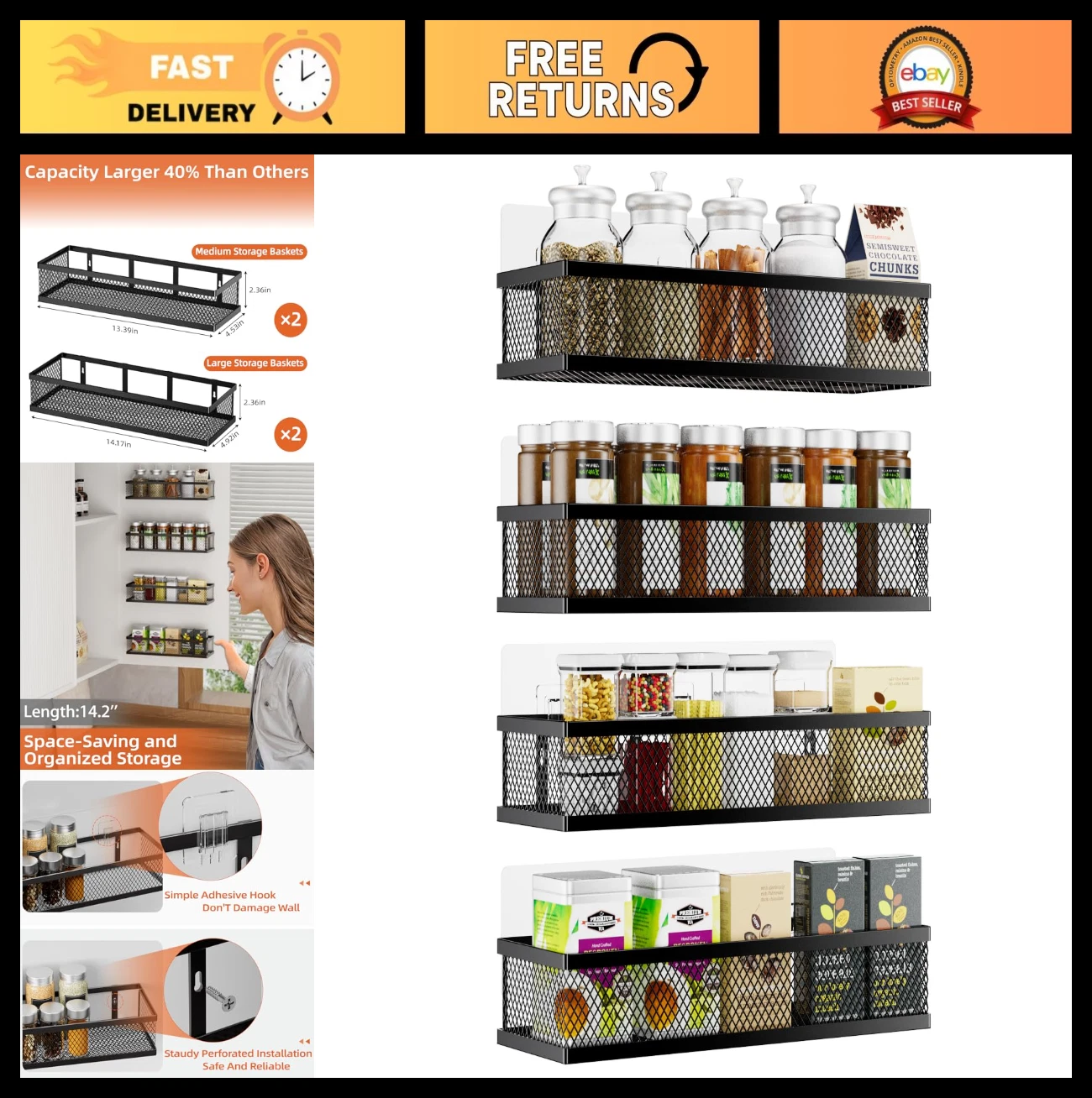 Wall Mount Spice Rack Organizer - 4 Pack Hanging Storage Baskets for Kitchen & P