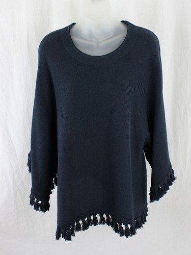 Chloe Women's Navy Blue Cotton Wool Blend Tasseled 3/4 Sleeve Sweater Medium