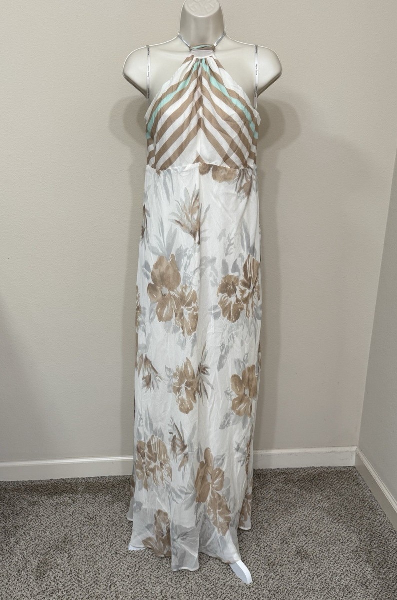 tommy bahama halter maxi dress Women’s Coffee Floral Print Neck Elegant Summer L Multiple Metal Allergies