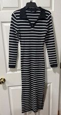 Mirol Bodycon Maxi Sweater Dress -White Black Stripe V Neck Ribbed Small