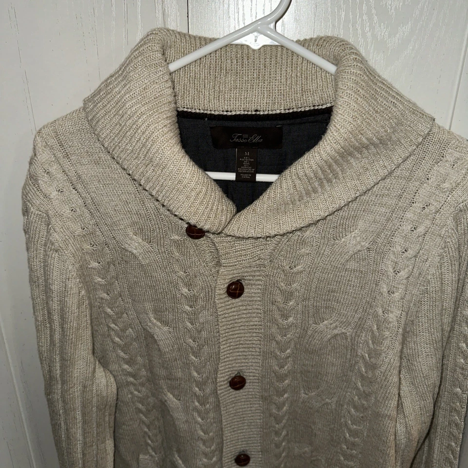 Tasso Elba Cardigan Sweater Wool Blend Cable Knit Mock Neck Size Medium Beige - Image 2 of 4