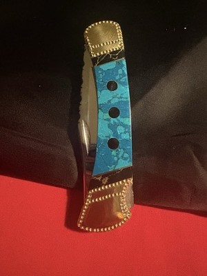 Buck 110 Hunter Turquoise Blue Awesome Gold Trim Leather Sheath