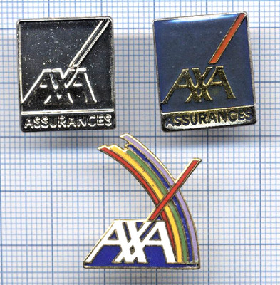 Konvolut 3 Pins Logo der Versicherungsgruppe AXA / Epoxid + Rohmetall + Emaille Grd Feuer
