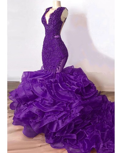 Luxury Royal Blue Mermaid Wedding Dresses Lace Beaded Ruffles Long Bridal Gowns - Picture 12 of 17