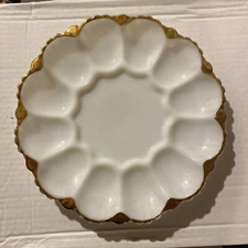 Vintage Anchor Hocking Milk Glass Deviled Egg Server Plate With Gold Trim