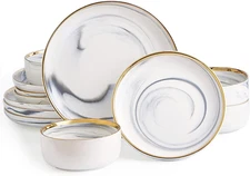 Dinnerware Sets, Marble Gold Line Plates and Bowls Sets Stoneware Dishes Set for