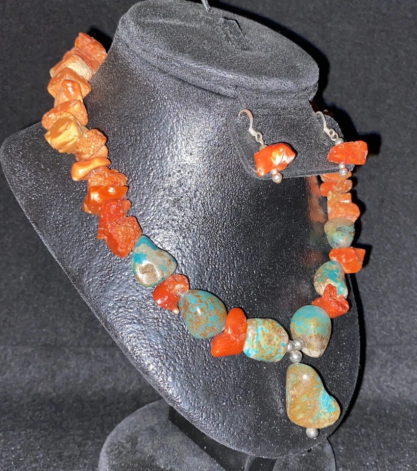 Juego de Collar y Pendientes Royston Color Turquesa Natural Rojo Coral Cuentas Plata Foto 4 de 4