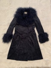 Charlotte Simone Mongolian Fur Penny Coat Jacket Suede Leather Navy Blue Large