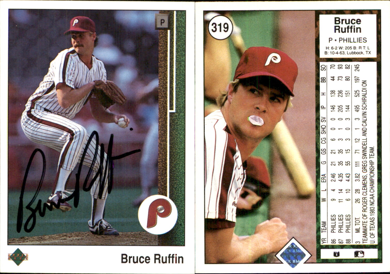 Bruce Ruffin Signed 1989 Upper Deck #319 Card Philadelphia Phillies Auto AU