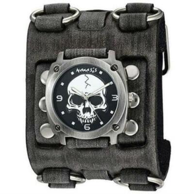 NEMESIS Black Heavy Duty Skull Watch With Wide Detail Leather Cuff Band 