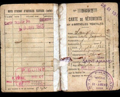 SAINT-AMAND-MONTROND (18) Karte TICKETS Rationierung von KLEIDUNG / 1942-1946