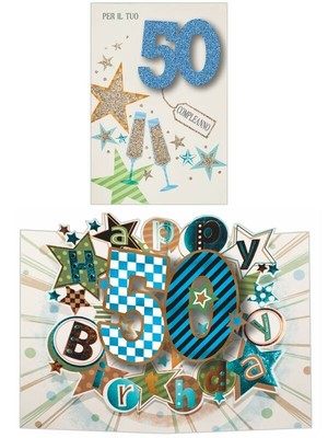 Biglietto Auguri 50 Anni Buon Compleanno Apribile Con Sorpresa Con Busta Celeste Ebay