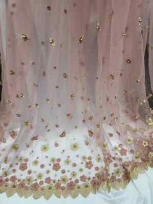 Dusty Pink Mesh Fabric with 3D Gold Floral Embroidery and Lace over Pearls: Sold