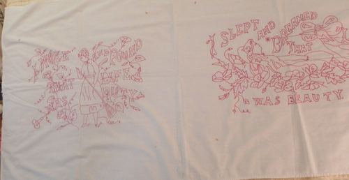 VTG Unique Rare Double Pillow Layover Hand Embroidered w/Lady Saying, White/Red - Picture 6 of 16