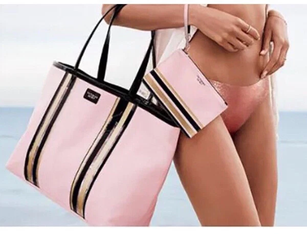 Victoria's Secret Tote- Light Pink with Gold/Black Stripe Shopper Travel  Beach