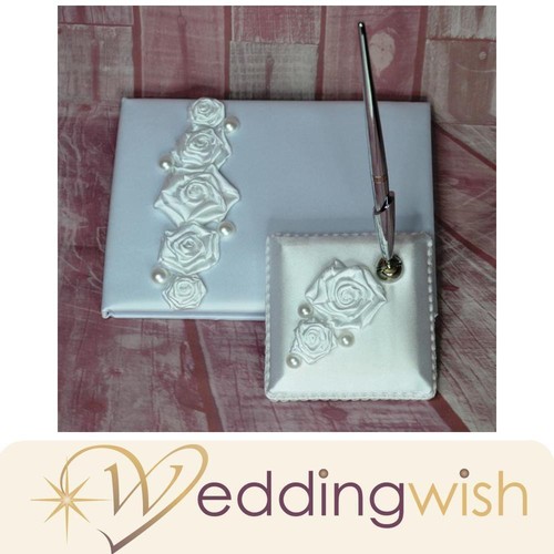 JC Classics Wedding Guest Book Set With Pen Holder - Purple Satin & Rhinestone Design