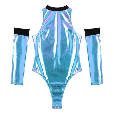 Damen Body mit Stehkragen Sexy Metallic Bodysuit Overall Astronaut Alien Kostüm - Bild 1 von 4