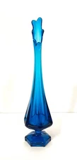 Vintage VIKING Glass Epic Blue Blunique 6 Panel Footed Swung Vase 12.75”