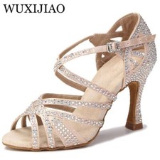 Women Party Shoes Satin Shining Rhinestones Soft Bottom Latin Dance Shoes Heel