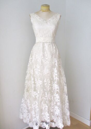 vintage années 1950 classique dentelle blanche longue robe de mariée perle perlée S - Photo 1 sur 5