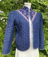 Vintage Gunne Sax Denim Jacket Quilted Puffed Shoulder Calico Bolero Gunnies MED