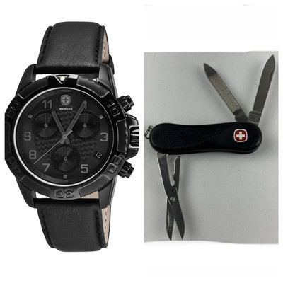 Wenger Swiss Military With Pocket Knife Black Leather Men's Watch