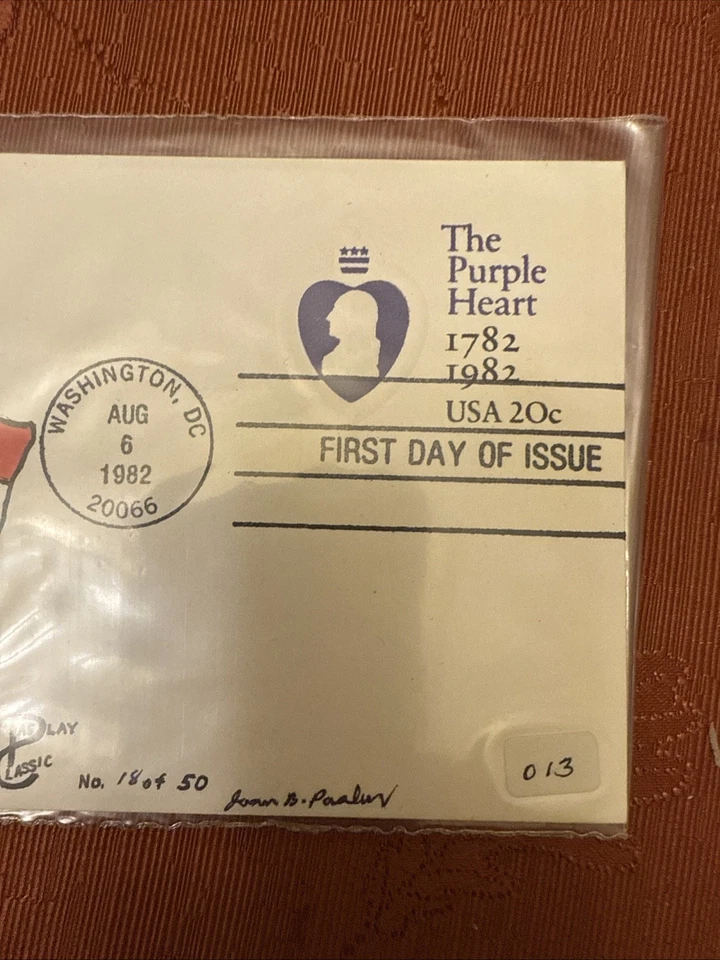 20c FDC Stamp (1982) PURPLE HEART MEDAL AWARD 18 Of Only 50FROM JAMES B. PASLAY - Image 3 of 4