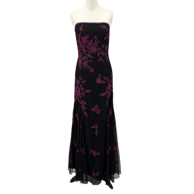 Y2K Cache Vintage Dress Sz M Beaded Mermaid Gown Black Sheer Pink Floral Fairy