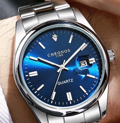 Elegante Chronos Herren Armbanduhr 41mm Blau Silber