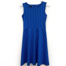 Talbots Women's Size XS Blue White Polka Dots Crew Neck Sleeveless Midi Dress