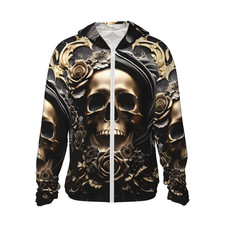 Gold Rose Skull Zip Up Hoodie Unisex 3D Print Graphic Hooded Sweatshirt Long