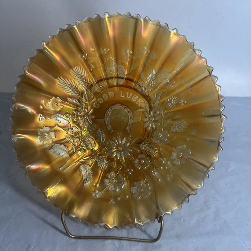 Vintage Carnival Northwood Marigold “Good Luck” Pie Crust Edge Bowl