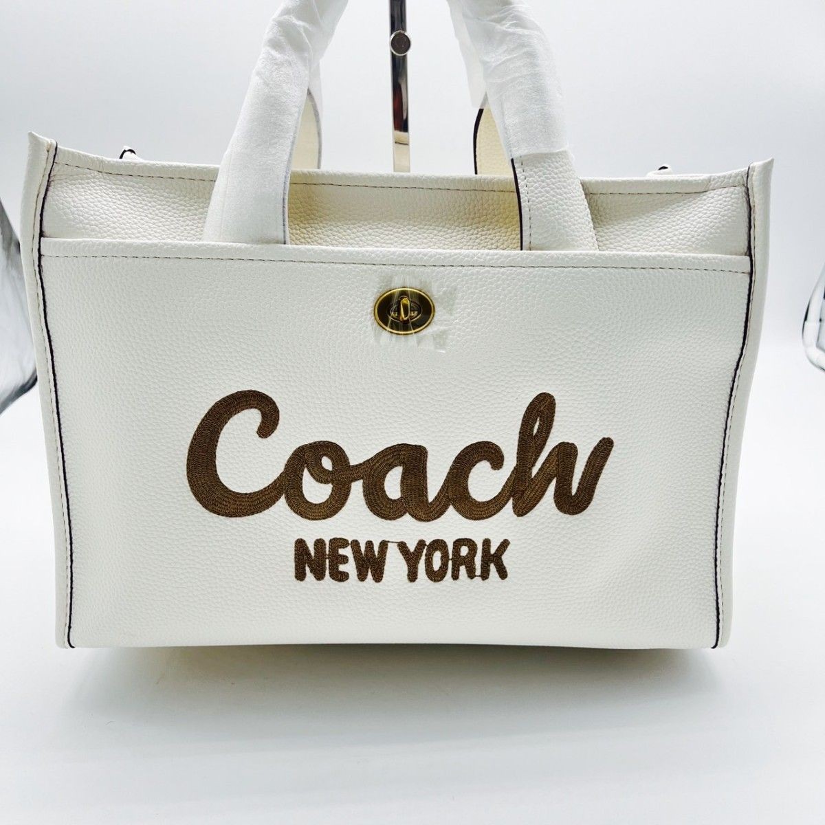 COACH Large Pebble Leather Cargo Tote in White