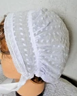 Antique Fine White Cotton Embroidered Beanie Headdress with Small Lace Folklore