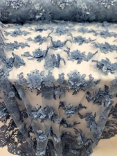 Fabric By The Yard Blue Periwinkle 3d Floral Beaded Embroidered Lace Scalloped 