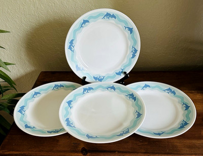 Set/4 Corning Corelle Ocean Dance w/ Blue Dolphins Salad Plates 8.5'' (1997-1999)