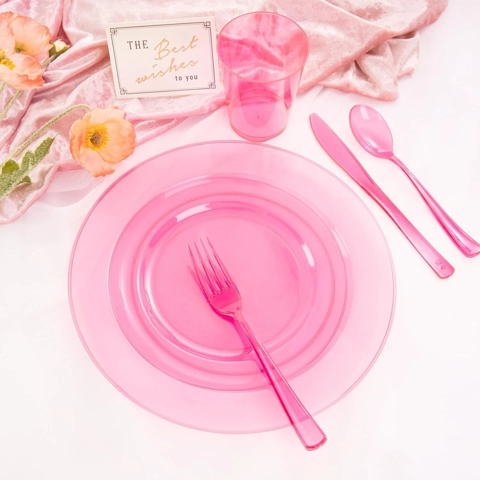 Guest pink plate with pink plastic silverware and pink cups - Image 4 of 4