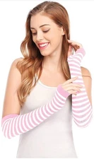 Pink And White Striped Fingerless Gloves Arm Warmers 
