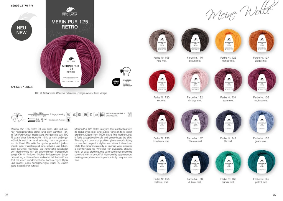 Pro Lana Merino Pur 125 Retro 50g Extrafein 100% Merinowolle Meliert Garn Strick