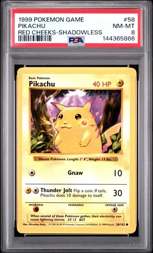 1999 Pokemon Base Set (Shadowless) PIKACHU (RED CHEEKS) #58/102 NM-MT PSA 8
