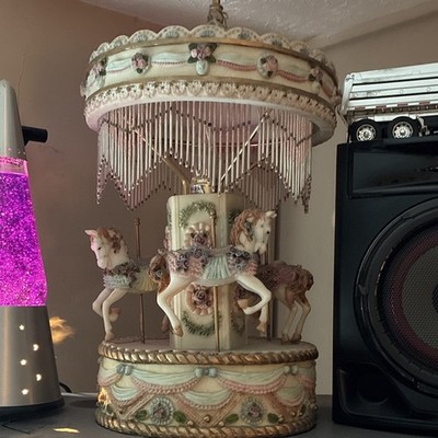 Carousel Horse Rotating Ceramic Accent Lamp Floral Beige Pink Green Drum Shade