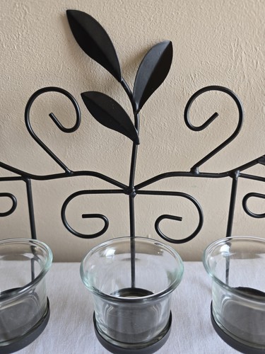 4 Pc Set Of Black Wall Hanging Candle Sconces 3 Glass Globes /1 Metal Rack - Picture 4 of 8